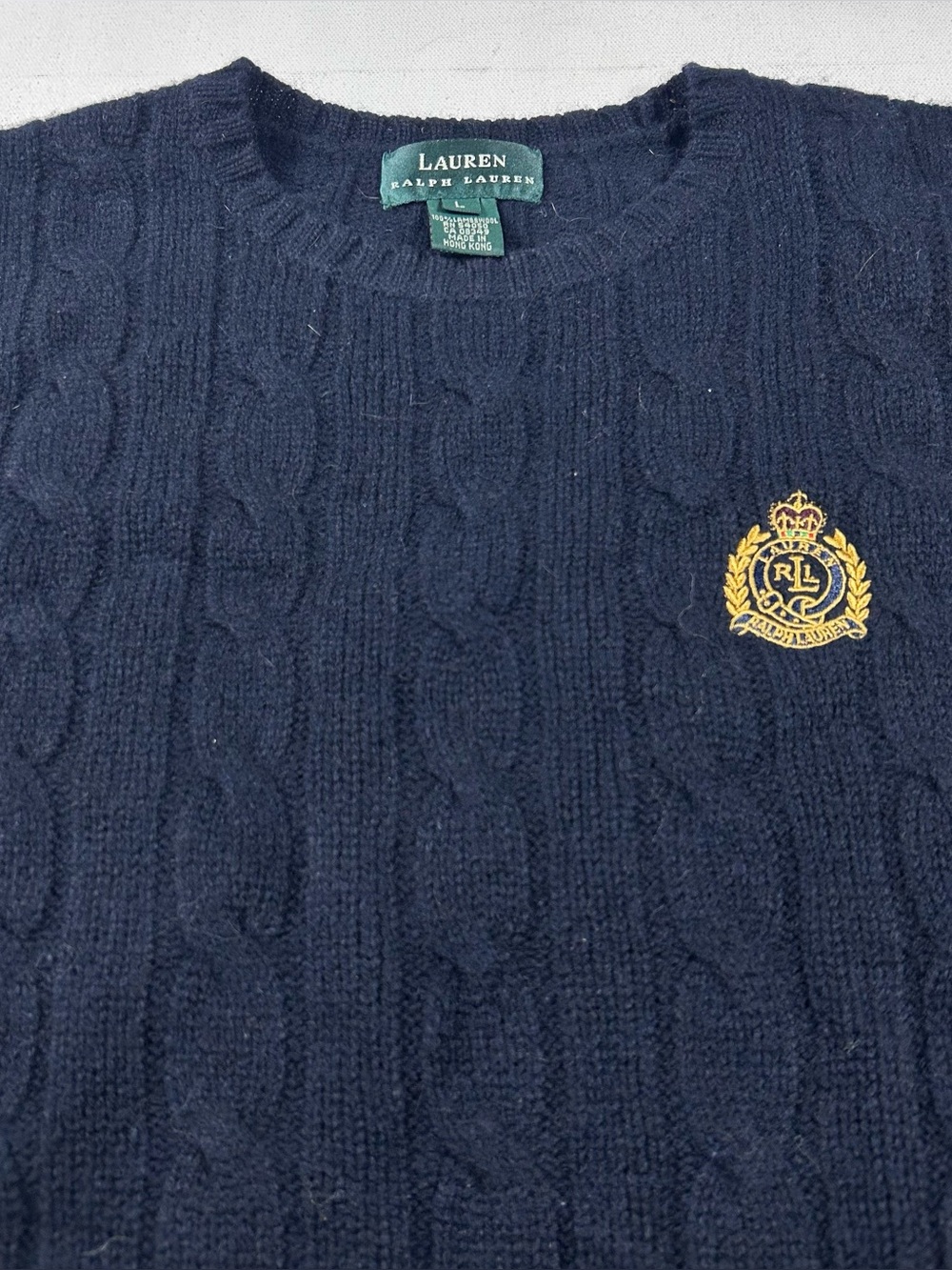 Vintage Lauren Ralph Lauren Sweater Navy Blue Lambswool Cable Knit Crest Large